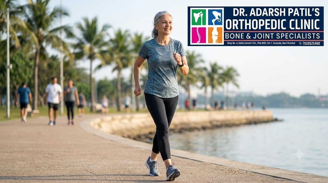 A woman walking along a waterfront promenade