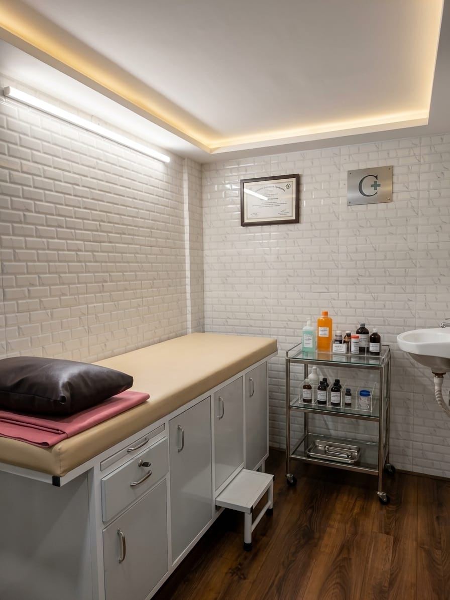 Examination room with a padded examination table and instrument trolley