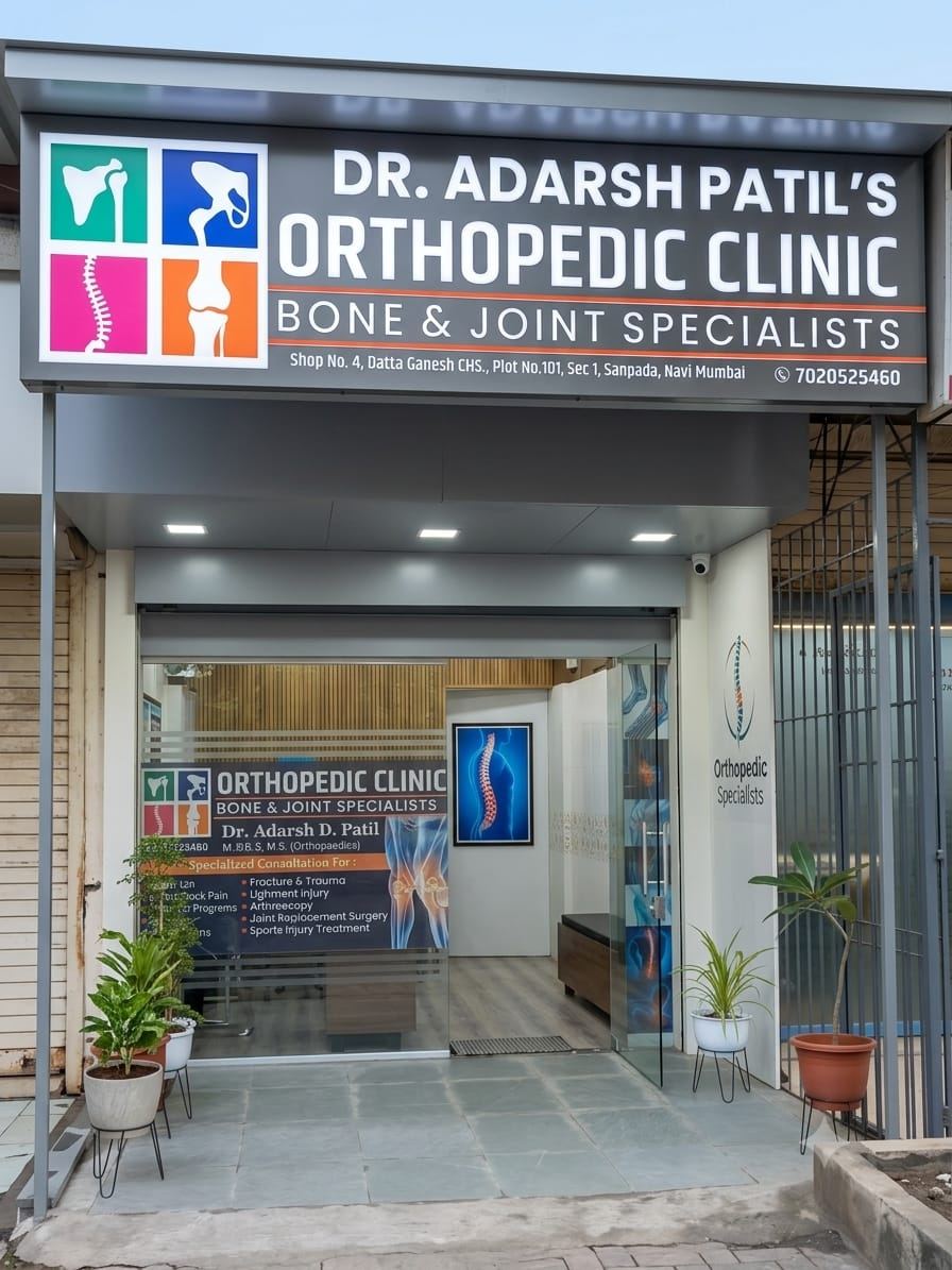 Street-level view of the clinic entrance with the illuminated signboard and potted plants