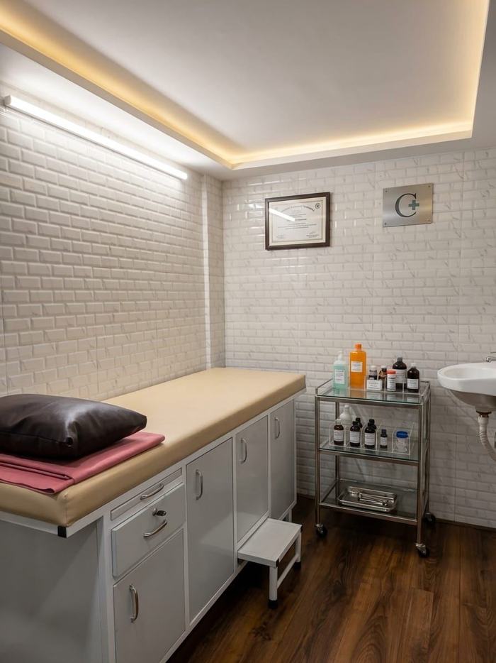 Examination room with a padded examination table, instrument trolley and white-tiled walls